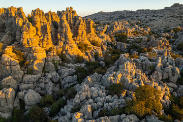 Unreal rock formation and landscape of Torcal de Antequera in Malaga, Andalusia, Spain. Aerial...