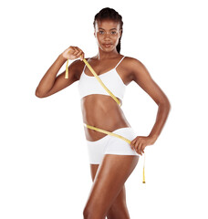 Tape measure, diet and body of black woman in portrait, health and wellness isolated on a...