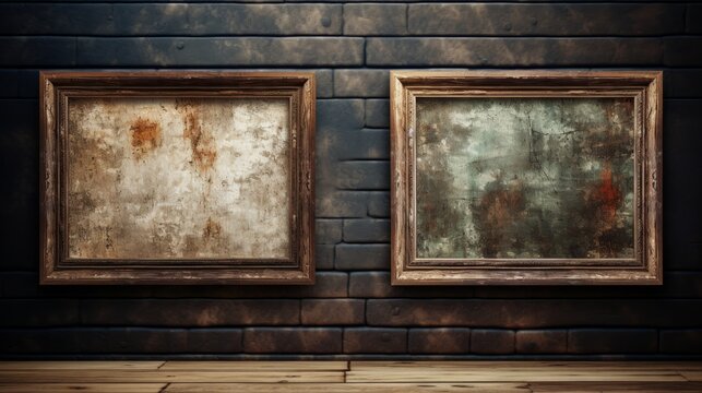 picture wooden frames on a brick wall ai generated