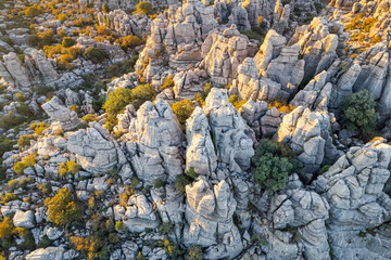 Unreal rock formation and landscape of Torcal de Antequera in Malaga, Andalusia, Spain. Aerial...