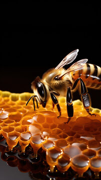 Close-up of a honey bee collecting nectar on a glistening honeycomb against a dark background.