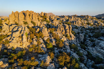 Unreal rock formation and landscape of Torcal de Antequera in Malaga, Andalusia, Spain. Aerial...