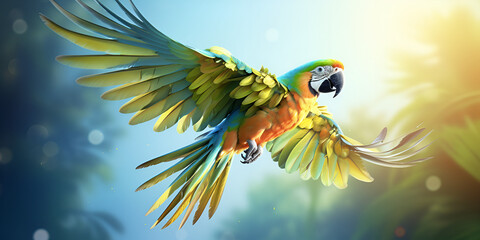 Spectacular Flight: A Magnificent Parrot Soaring through the Skies background ai generated