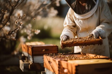 Beekeeper inspecting honeycomb frame amidst blooming trees, golden sunlight bees at work.