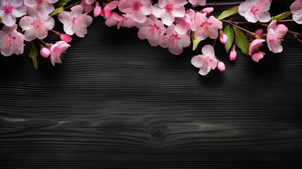 Naklejka na ściany i meble a branch of pink flowers on a black wooden background with space for text. generative ai