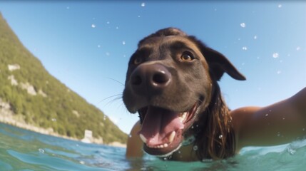Happy Dog and Smiling Playful Young Woman Swimming in.Generative AI