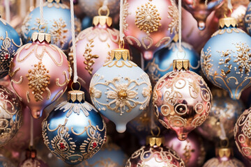 Pink, blue, gold and other bright shades of new year and christmas decor