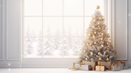 Jasne tło świąteczne na życzenia z ozdobioną choinką i z prezentami na Święta Bożego...