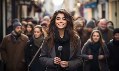 Portrait of a woman news reporter with microphone doing live piece to camera on the street. Young confident female TV reporter broadcasting live. People demonstrate in the rear of journalist. - obrazy, fototapety, plakaty