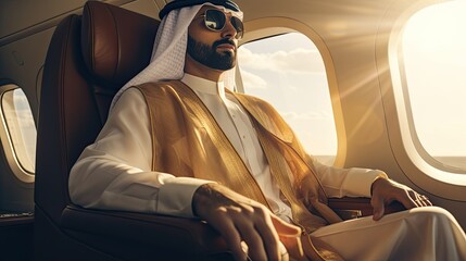Young Arab sheikh flying in private jet. - obrazy, fototapety, plakaty