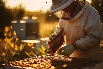 Golden hour capture of a dedicated beekeeper tending to hives amidst a swarm of bees