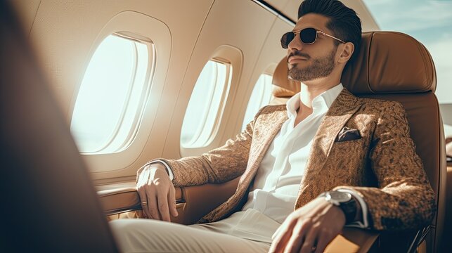 Rich executive man, flying inside a private jet.