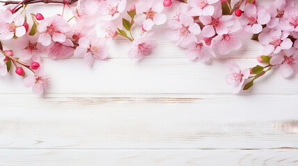  pink flowers are on a white wooden background with copy space.  generative ai