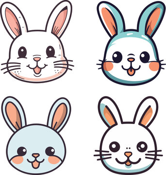 Digital illustration set of cute rabbit faces on a white background