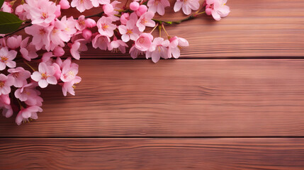 Naklejka na ściany i meble a bunch of pink flowers on a wooden table with space for text. generative ai