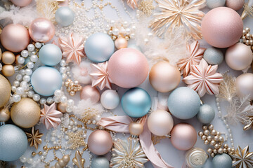 Pink, blue, gold and other bright shades of new year and christmas decor