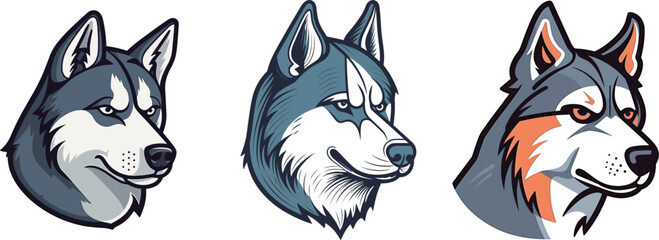 Digital illustration set of various cartoon husky dog faces on a white background © Wirestock