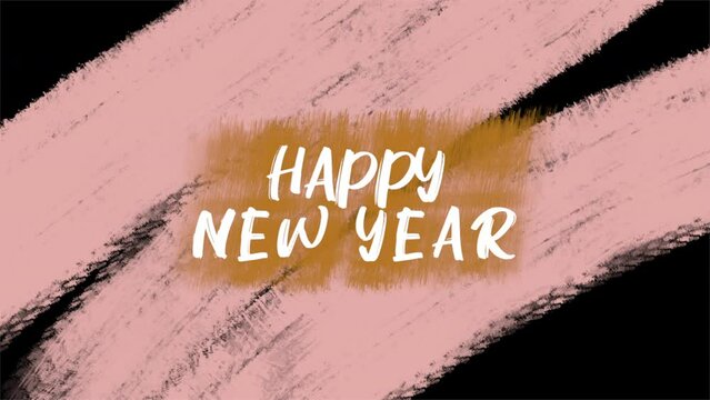 Happy New Year text with pink stroke brush on black gradient, motion abstract art, watercolor and winter holidays style background