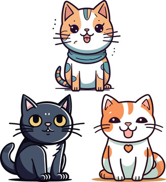 Digital illustration set of various adorable cartoon kittens on a white background