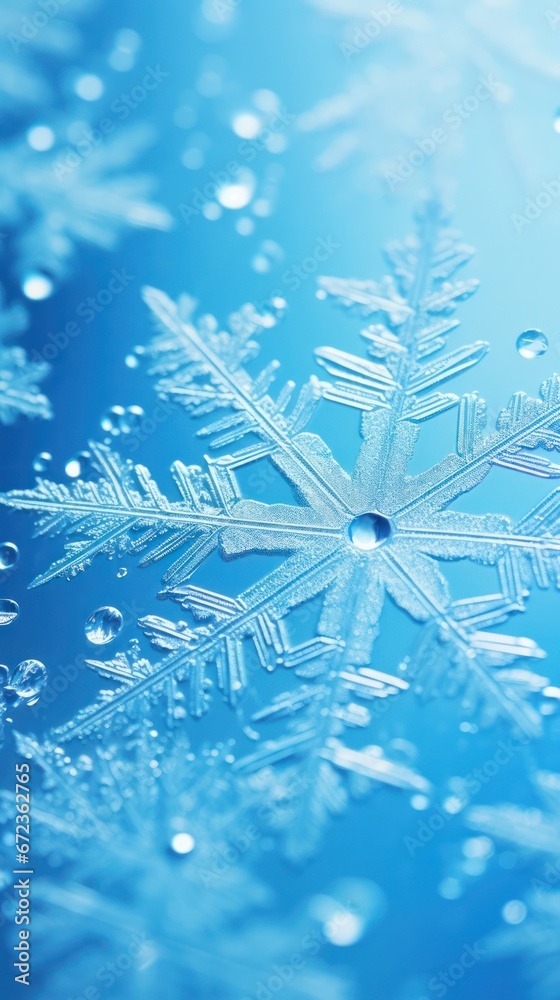 Poster close-up of intricate ice crystals with shimmering dewdrops on a serene blue background