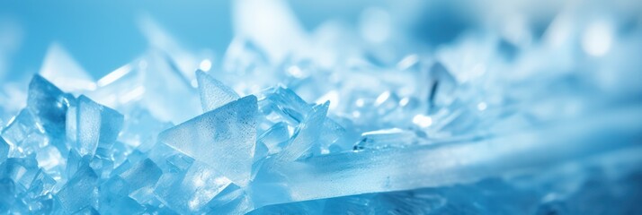Close-up of radiant ice crystals forming a blue textured background with light reflections