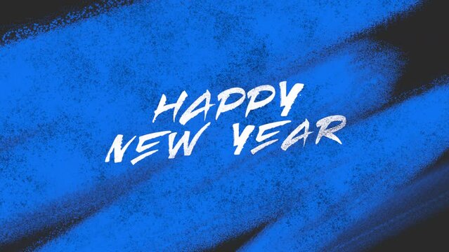 Happy New Year text with blue stroke brush on black gradient, motion abstract art, watercolor and winter holidays style background