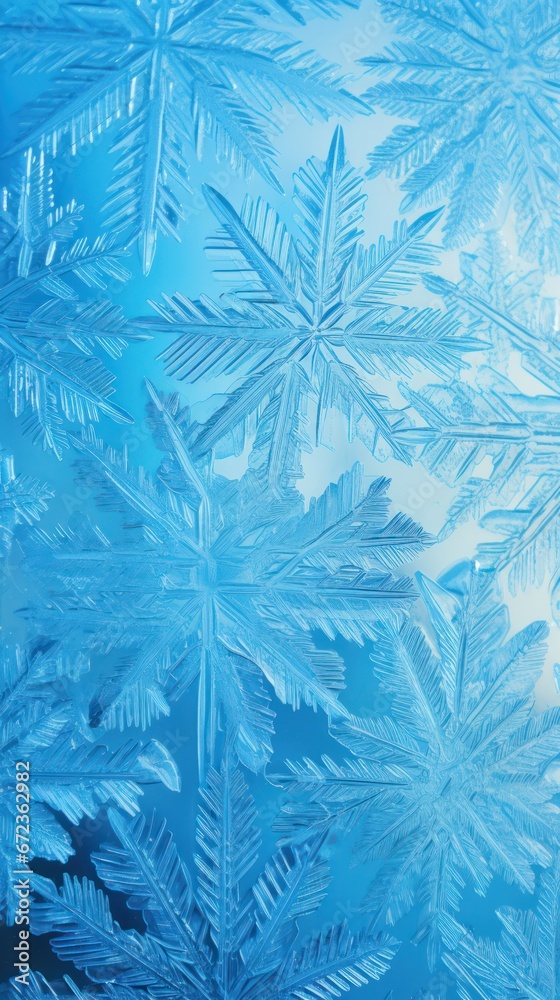 Poster Close-up of intricate ice crystals forming a mesmerizing symmetrical pattern on a blue background