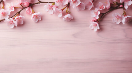 Naklejka na ściany i meble a pink background with pink flowers on a wooden table with space for text. generative ai