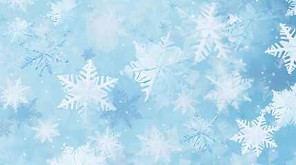 Błękitne zimowe świąteczne tło na baner, tapetę. Płatki śniegu, śnieżynki.  - obrazy, fototapety, plakaty