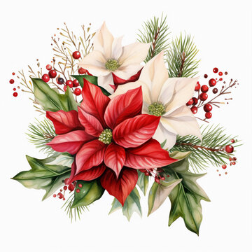 watercolor poinsettias and berries christmas arrangement clip art preview