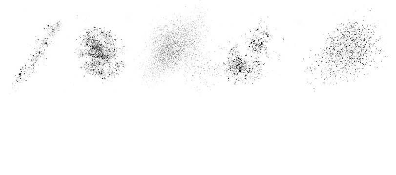 Set of White and Black Splashes. Irregular Stains made of Tiny Spots. No Background. Spattered White and Black Paint. Set of Splatters.