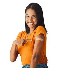 Happy woman, portrait and show vaccine plaster, medicine and prevention isolated on a transparent png background. Smile, pointing and person with bandage on arm for health, virus and covid immunity © Shrikant/peopleimages.com