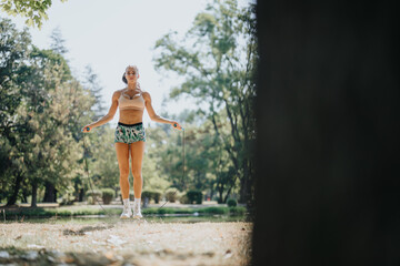 Obraz premium Woman jump rope and exercise outdoors in a park, enjoying a sunny day. She stay active, motivated, and persistent, maintaining a healthy and fit lifestyle.