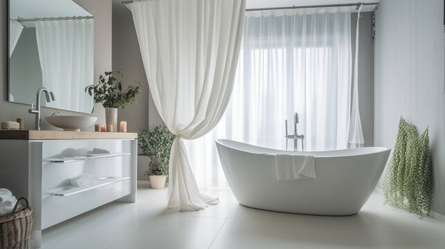 Interior design bathroom with White tub and curtain of window. AI generated image