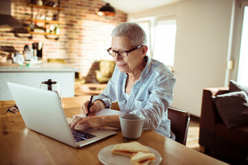 Elderly woman using laptop at home