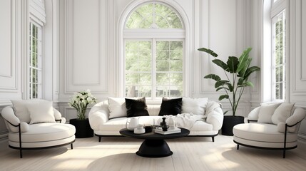 White living room with black furniture and window 8k,