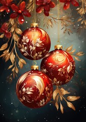 oil painted Christmas decorations. close-up. New Year card with balls.
