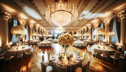 Elegant Hotel Ballroom: "Visualize an elegant hotel ballroom with crystal chandeliers, a large dance floor with polished parquet wood, and tables draped in satin cloth.  - Powered by Adobe