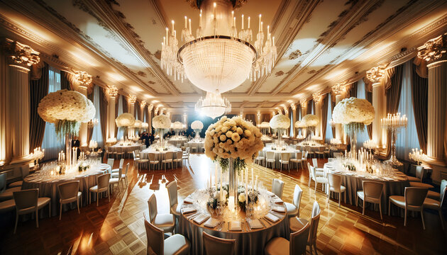 Elegant Hotel Ballroom: "Visualize an elegant hotel ballroom with crystal chandeliers, a large dance floor with polished parquet wood, and tables draped in satin cloth. 