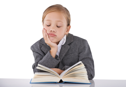 Kid in business suit, sleeping at desk in office and book, tired or relax isolated on a transparent png background. Girl child, worker rest on table or fatigue, exhausted after learning or education