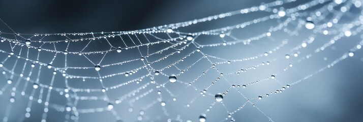 dew-kissed spider web glistening against blue background, showcasing nature's intricate artistry. - obrazy, fototapety, plakaty