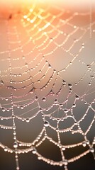 spider web adorned with morning dew, reflecting soft sunlight and casting shimmering patterns