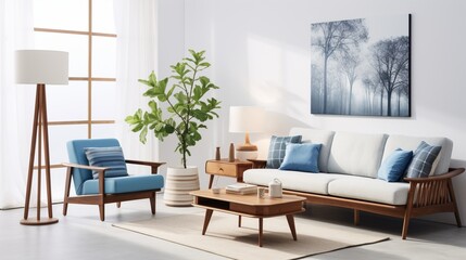 White living room with wood sofa, blue armchair, lamps, posters 8k, - Powered by Adobe