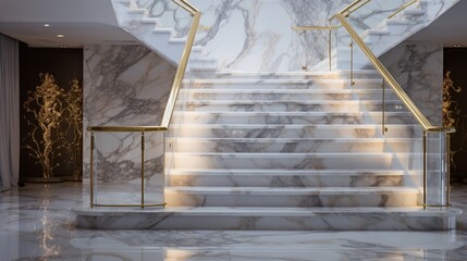 White marble stairs on the first floor in luxury apartment 8k, - obrazy, fototapety, plakaty