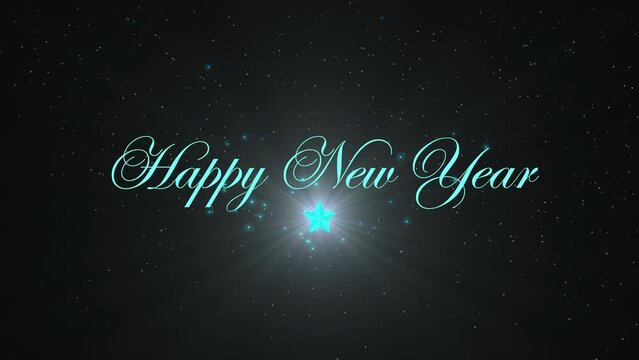 Happy New Year with star symbol and flying glitters in galaxy, motion holidays and winter style background for New Year and Merry Christmas