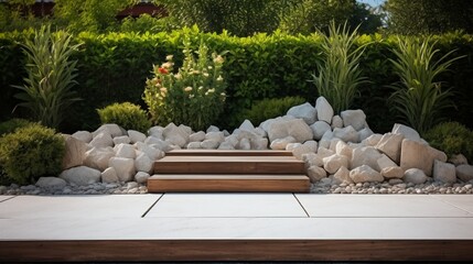 White stone with wooden panel backyard Garden Modern Design Landscaping. Landscaped Back Yard. Decorative Garden With Pathway Or Walkway 8k, - obrazy, fototapety, plakaty