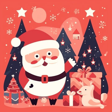 Santa Claus with Christmas toys with Christmas red background. AI Generated