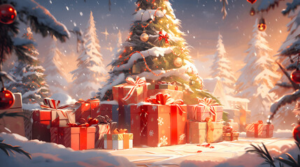  a Christmas tree surrounded by presents stands outside in the snow (Generative AI)