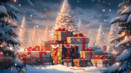  a Christmas tree surrounded by presents stands outside in the snow (Generative AI)