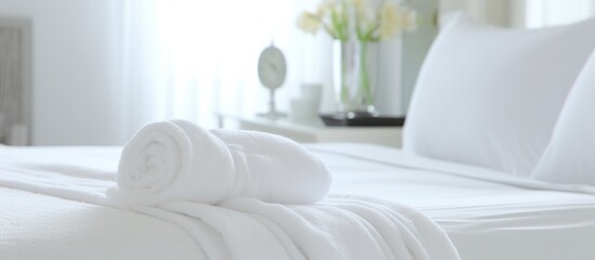 Close up white towel on bed in bedroom decoration. AI generated image